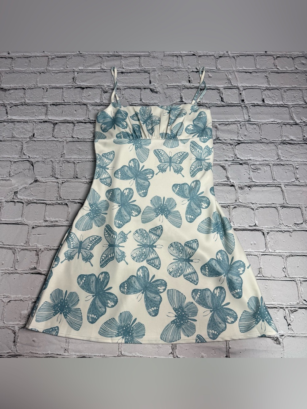 SHEKOU Cream Y2K Inspired Satin Mini Dress w/ Blue Butterfly Motif Print Size M